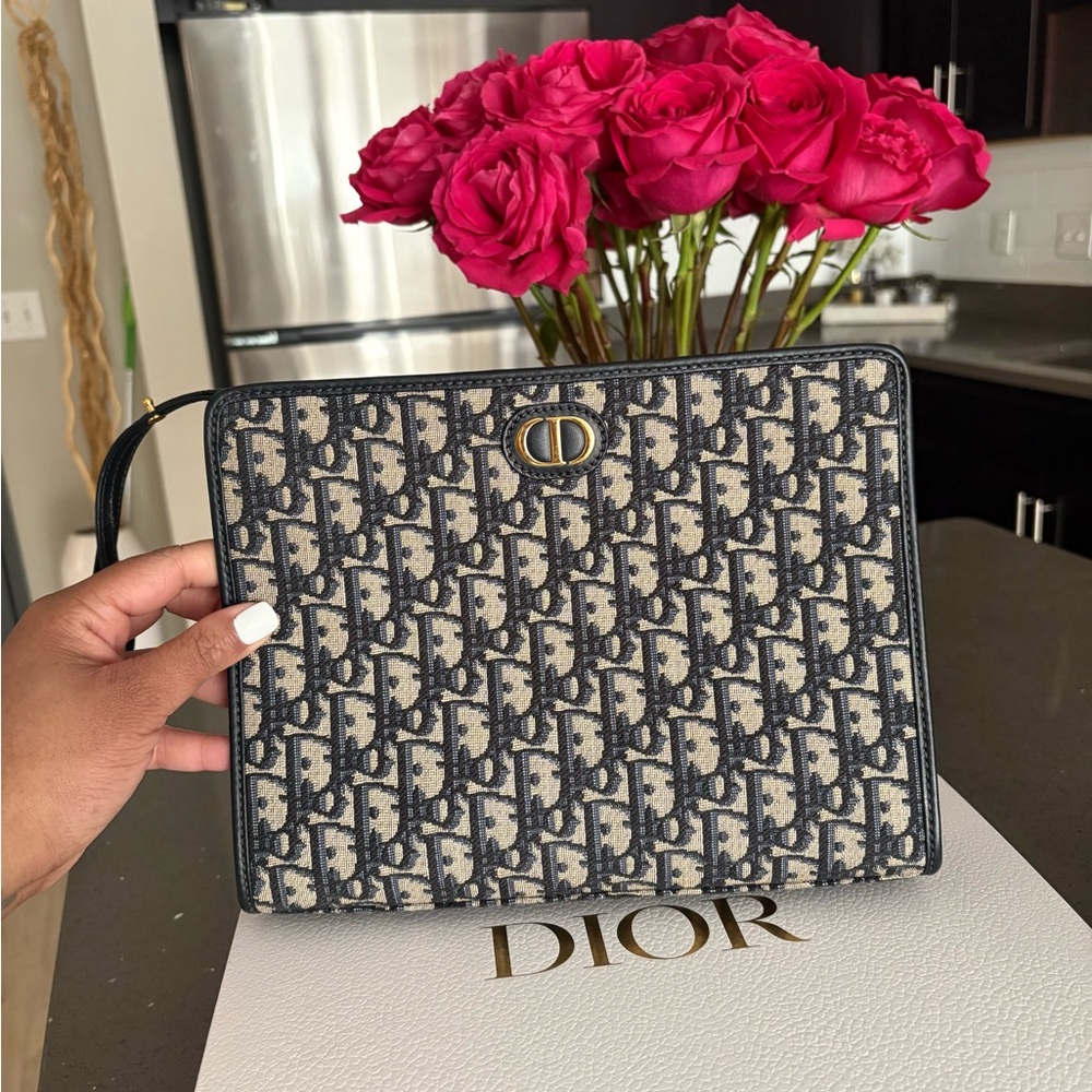 Dior Navy and Beige Monogram Wristlet Clutch